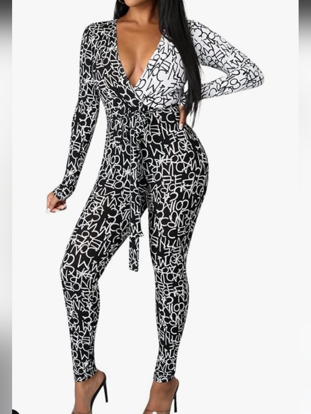 goodtimeusa Women's 1X Long Sleeve Black & White Graffiti Print Jumpsuit